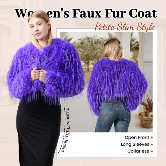 Women's Faux Fur Coat Purple Slim Cropped Fuzzy Fluffy Fall Winter Jacket - Picture 4 of 5